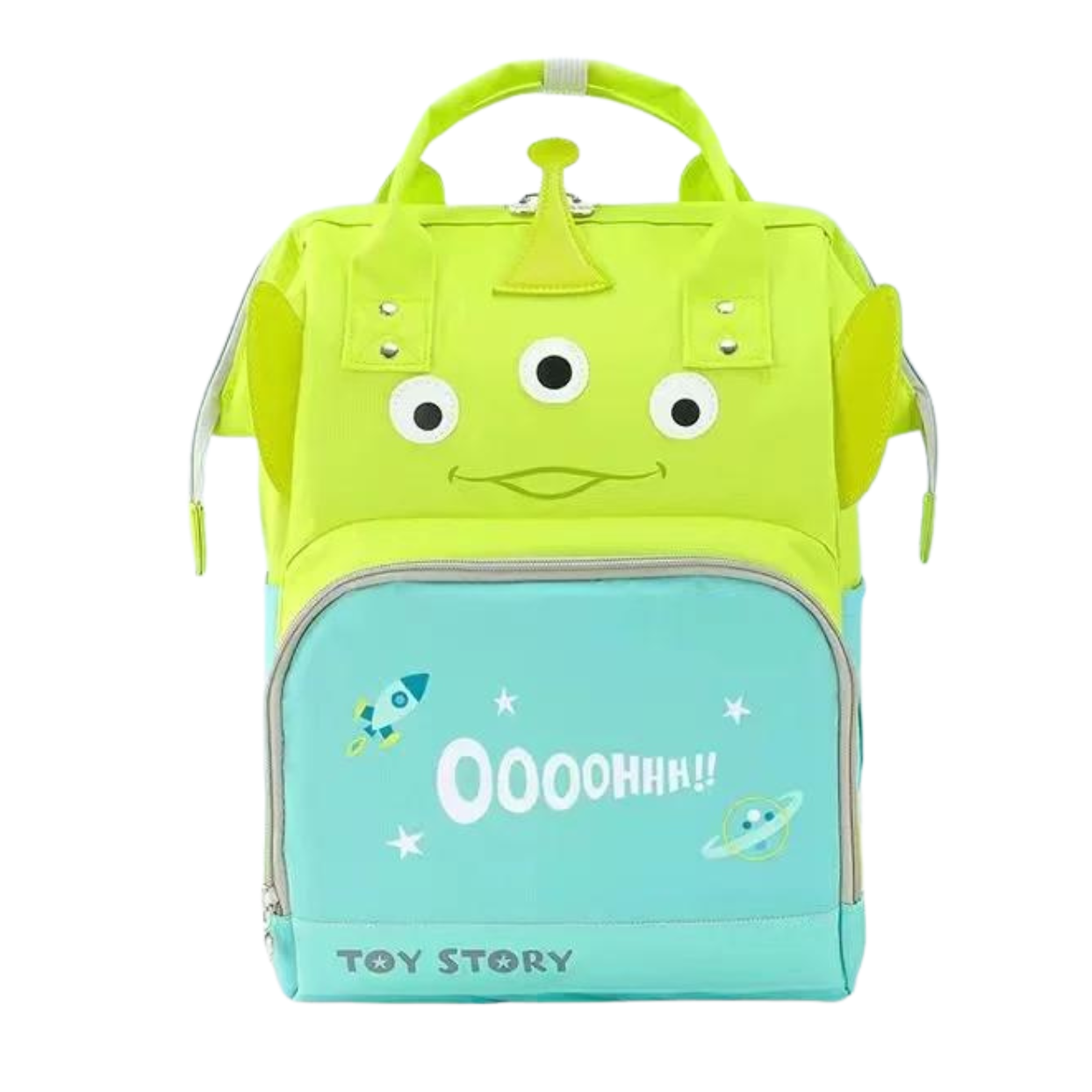 A Toy Story themed backpack with an alien design in lime green and sky blue colors.