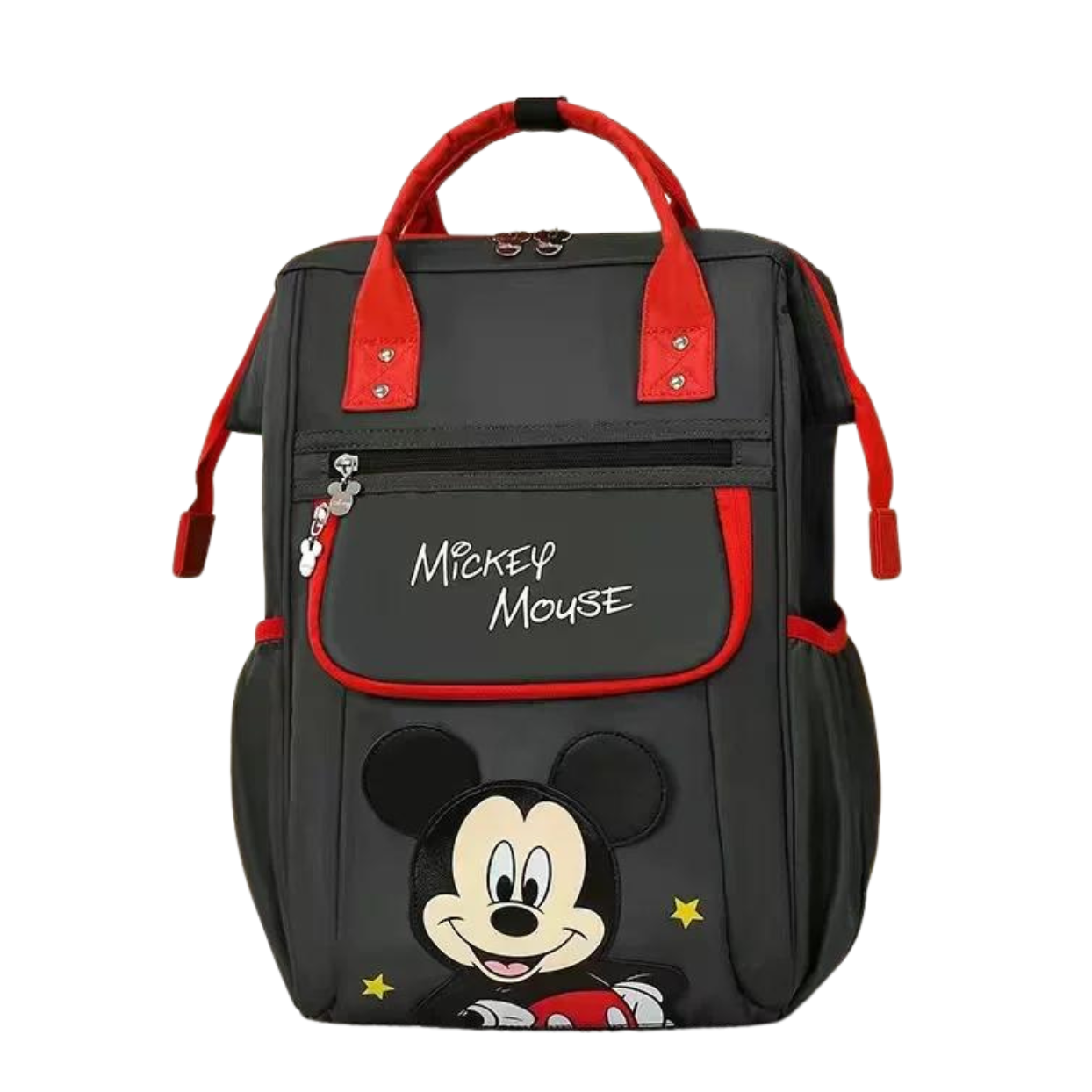 Black and red Mickey Mouse-themed backpack with character print and signature.