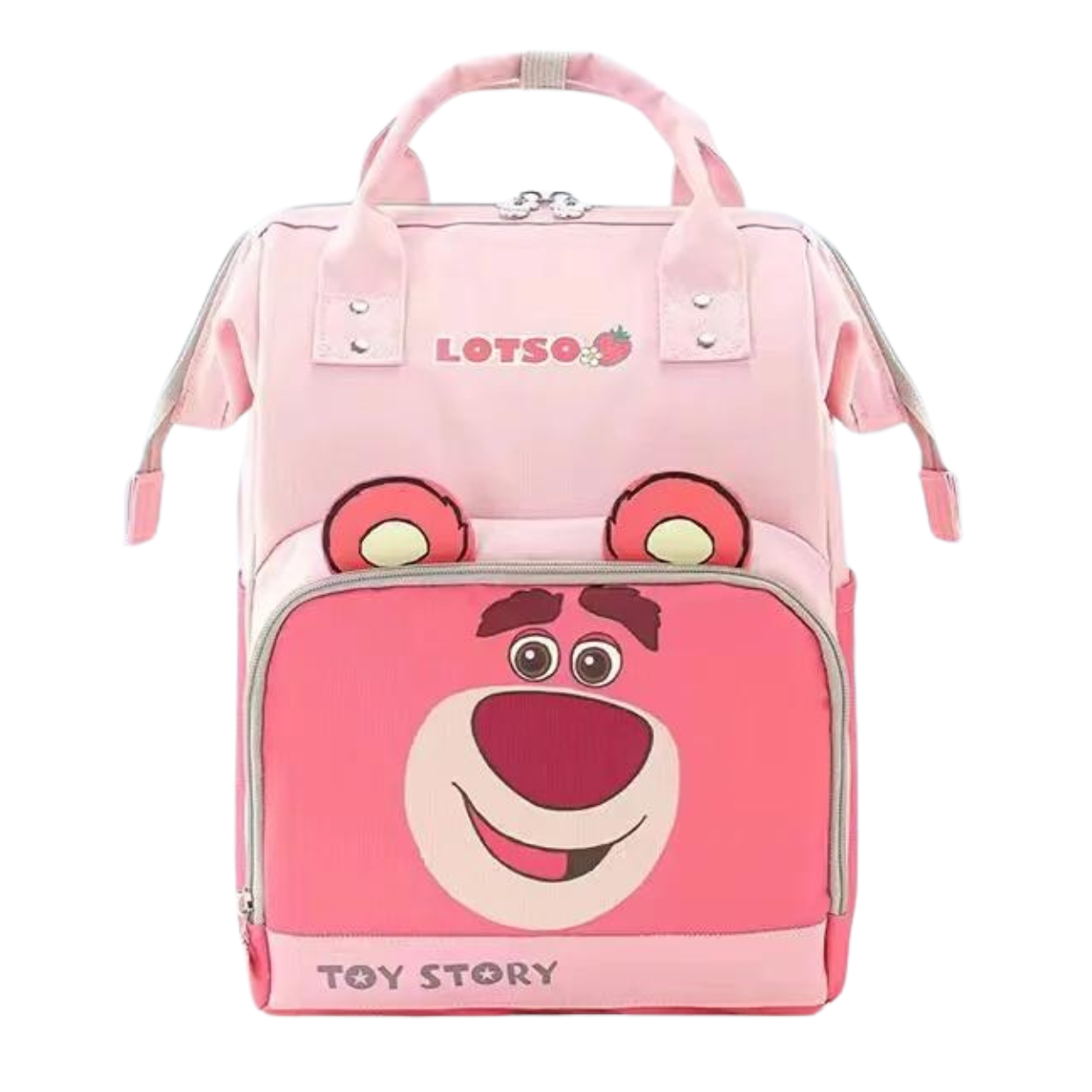 Pink Toy Story themed backpack with character design on front.