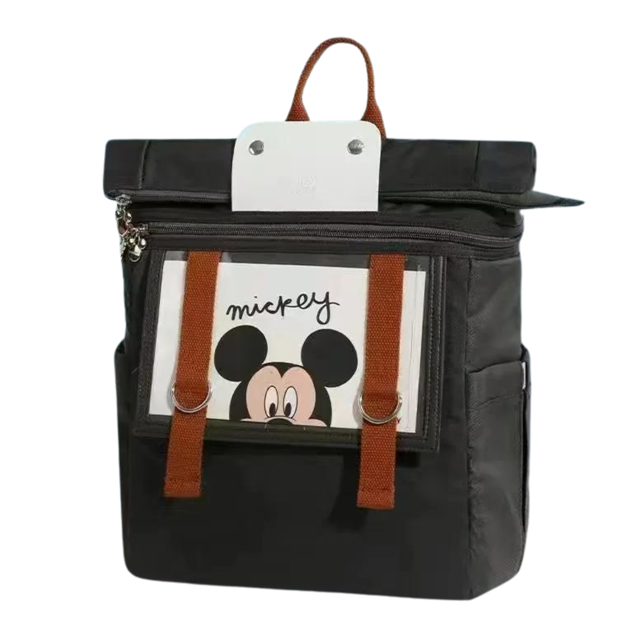 Black backpack with a Mickey Mouse design and brown straps, isolated on a white background.