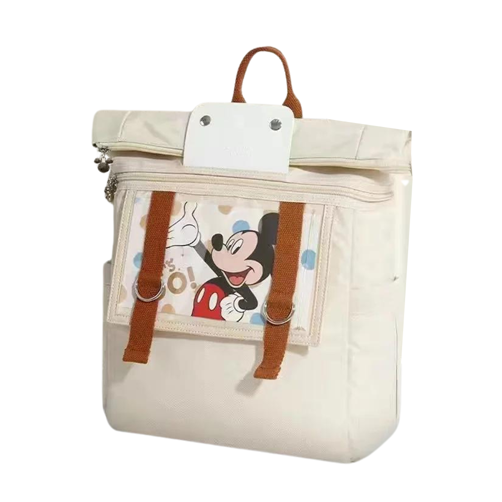 A beige tote bag with a Mickey Mouse design visible through a clear pocket.