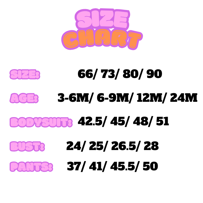 Size chart for Baby Long sleeve bodysuit and pants