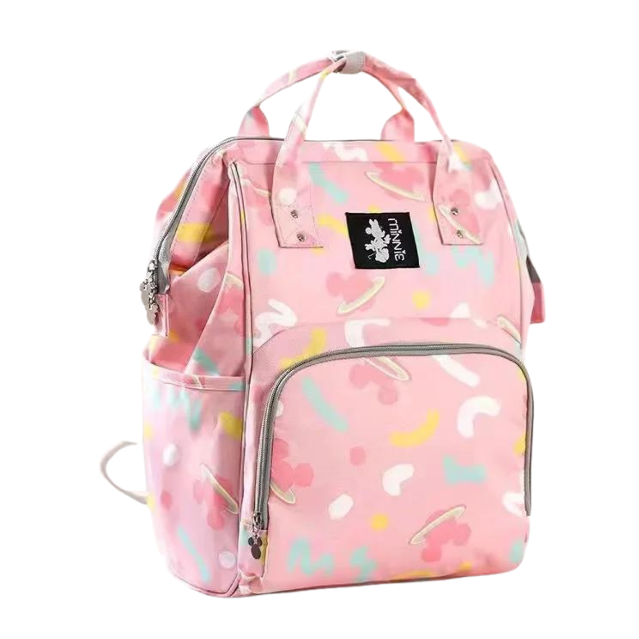 A pink backpack with abstract pastel patterns and external pockets.