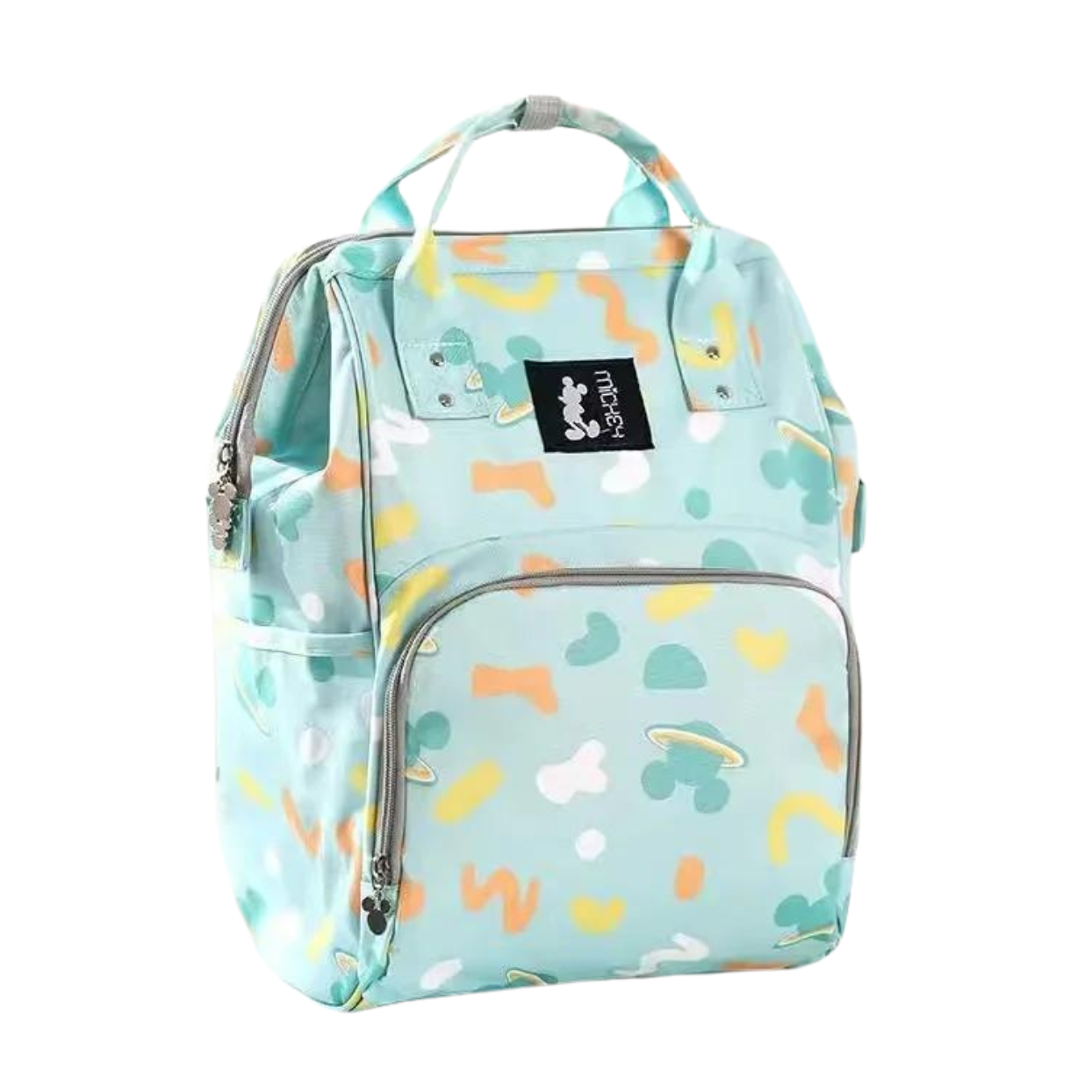 Pastel-colored backpack with abstract shapes and a front pocket.