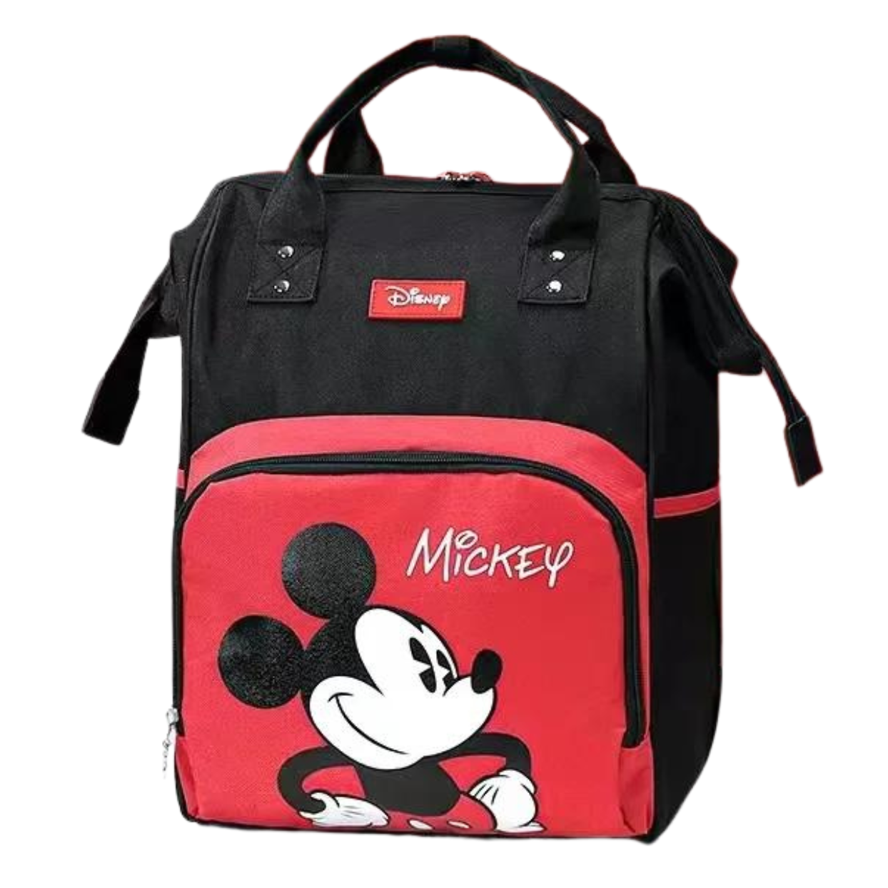 Black and red backpack with a classic Mickey Mouse design on the front pocket.