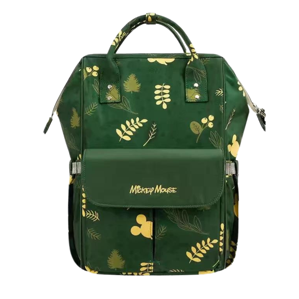 Green backpack with leaf patterns and Mickey Mouse silhouette design.