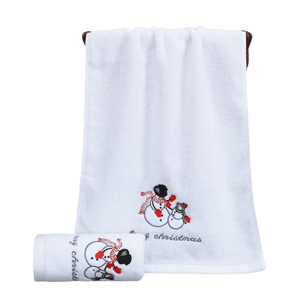 White Christmas Baby Towel With Embroidered Snowman Design In A White Background