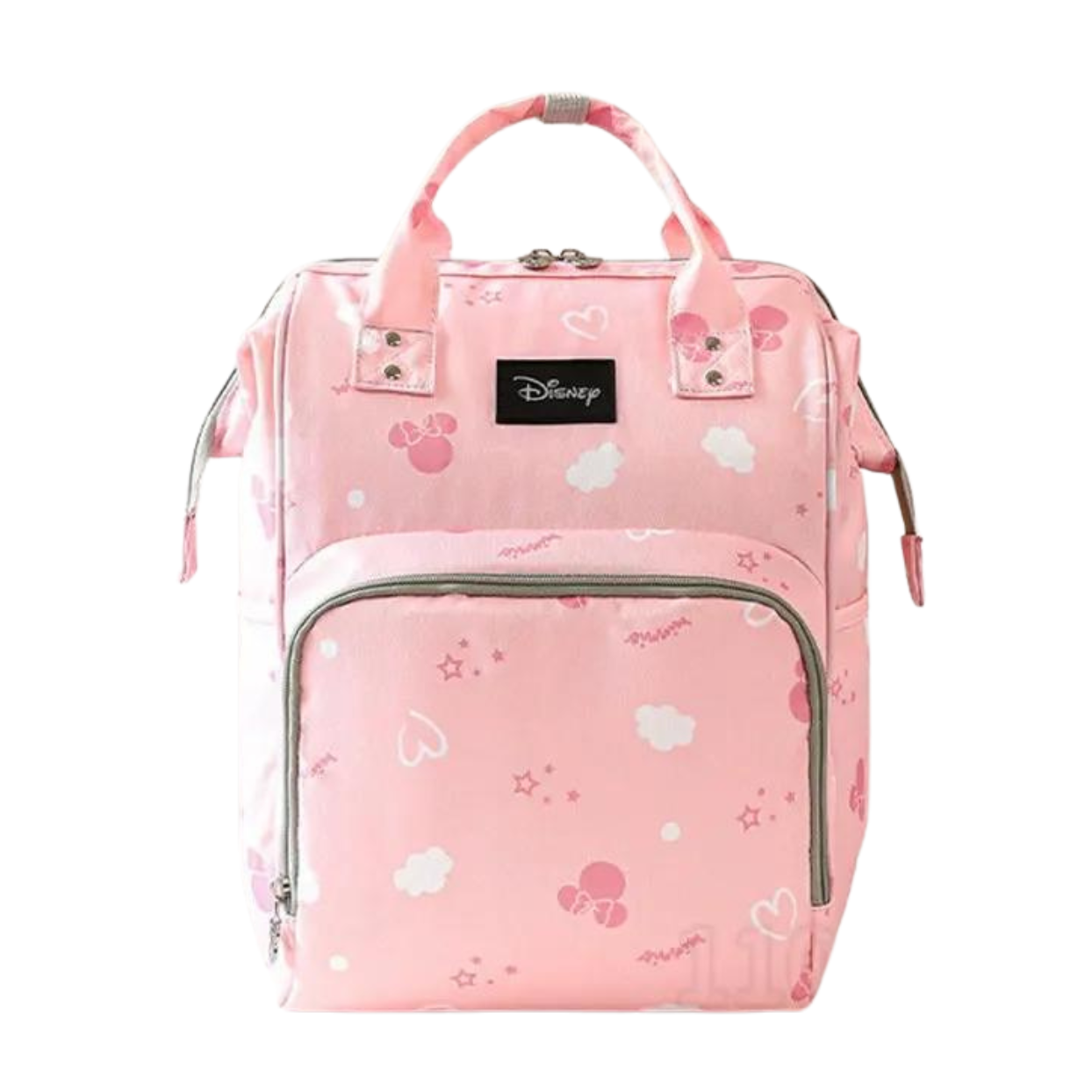 Pink Disney-themed backpack with cloud and star patterns on a white background.