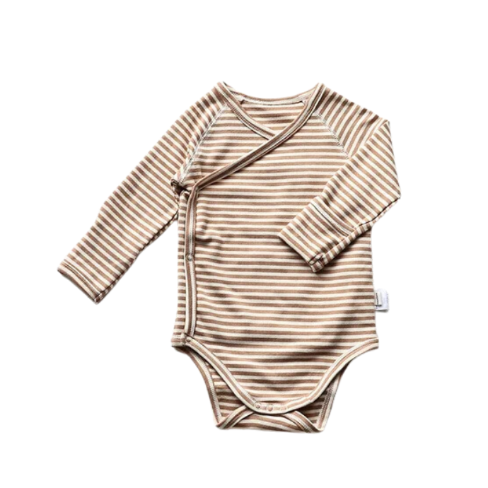 Brown and white striped baby long sleeve bodysuit in a white background