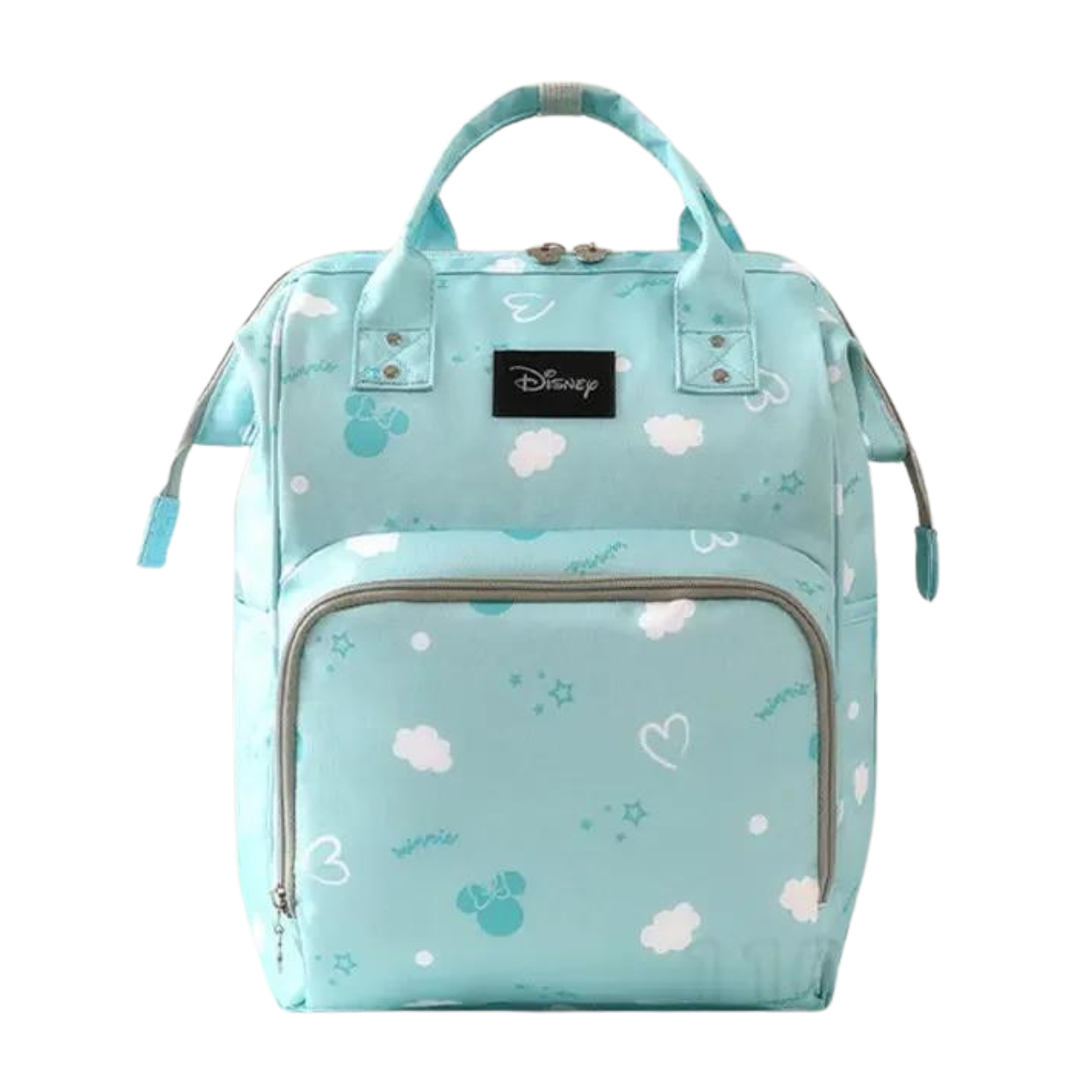 Aqua Disney backpack with cloud, star, and Mickey Mouse patterns.