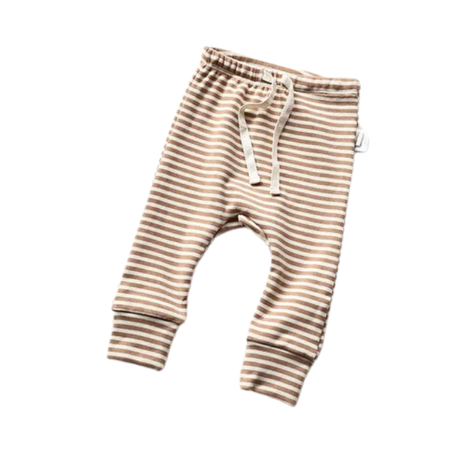 Brown and white striped baby pajama pants in a white background