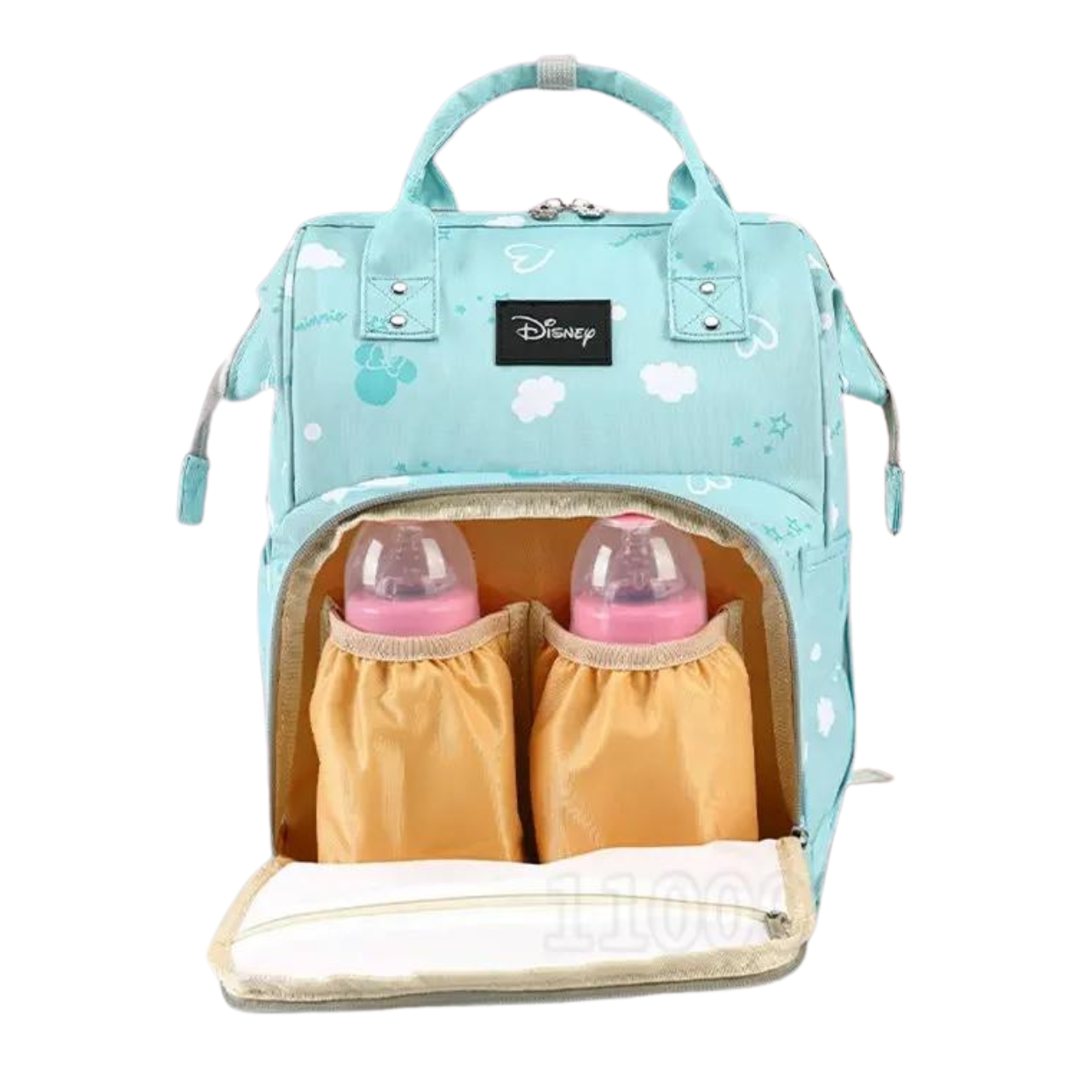 Blue Disney baby bag with two pink bottles inside.