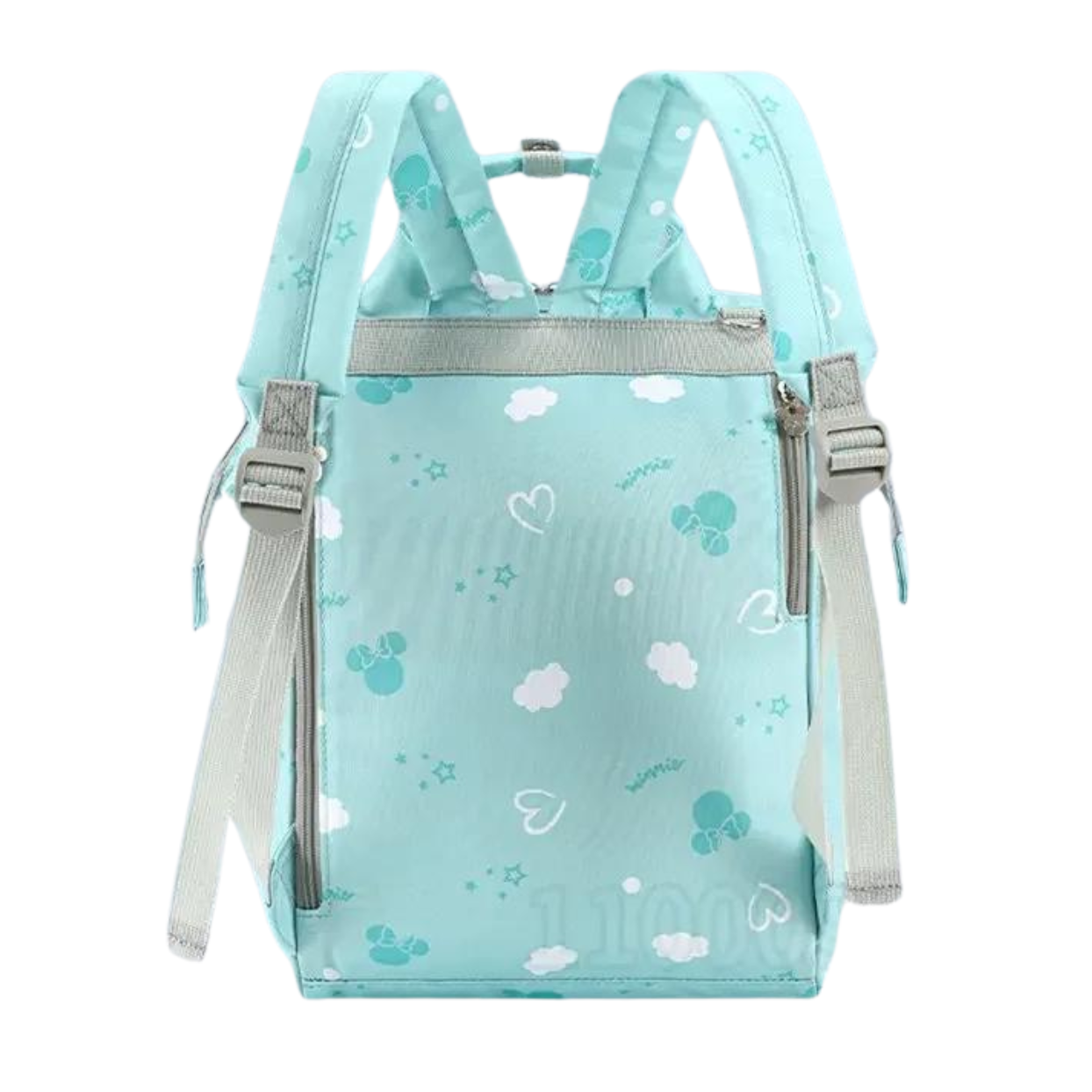 Light blue backpack with cloud and heart patterns and adjustable straps.