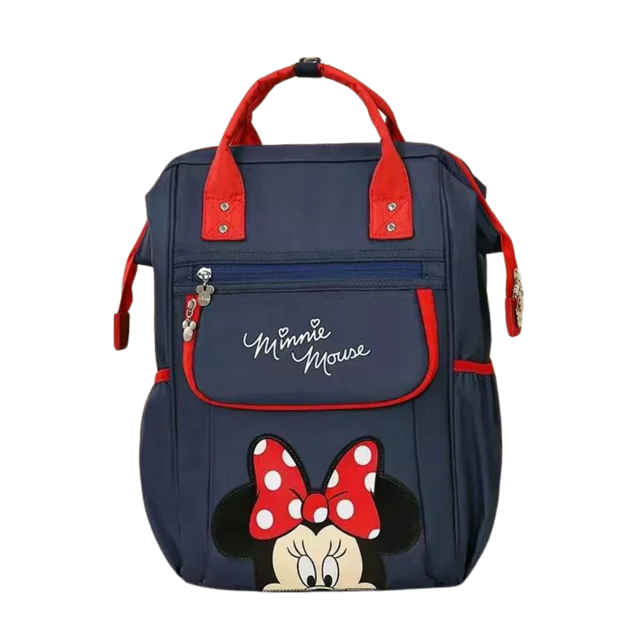 Navy blue Minnie Mouse themed backpack with red accents.
