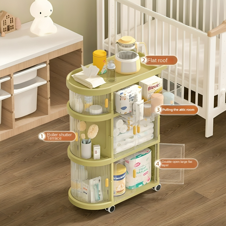 Green 4 Layer Baby Storage Rack Folding Trolley In A Nursery Room With Text Labels For Features