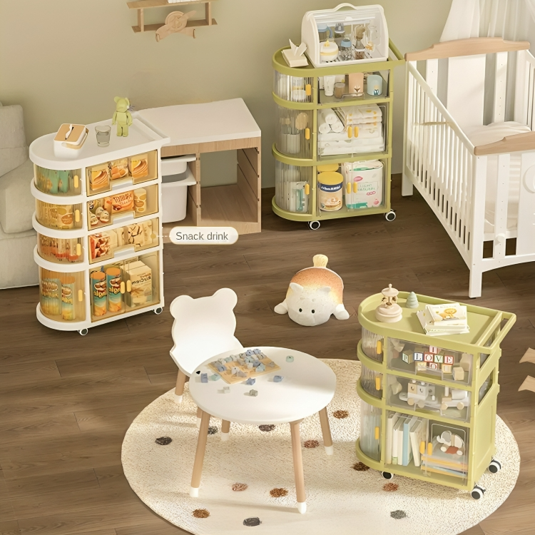 Three Green and White 4 Layer Baby Storage Rack Folding Trolley With Food And Baby Essential contents In A Nursery Room