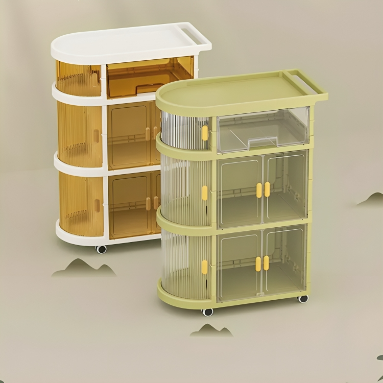 Green And Amber 4 Layer Baby Storage Rack Folding Trolley In A Gray Background