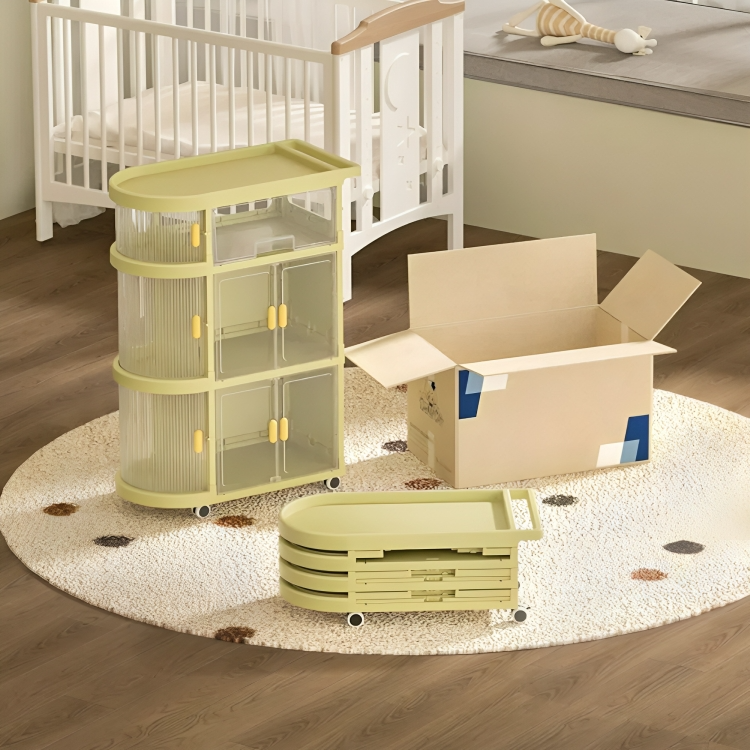 A Folded and A Assembled Green 4 Layer Baby Storage Rack Folding Trolley In A Nursery Room