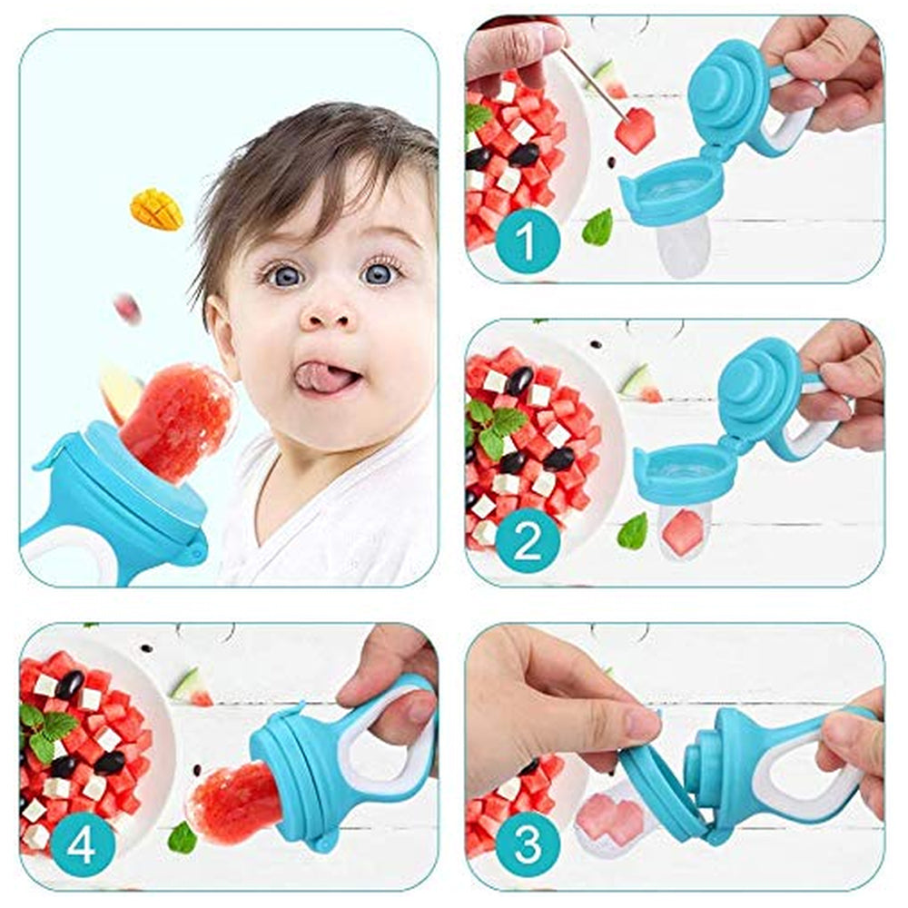 Collage of a fruit popsicle maker being filled, closed, frozen, and held by a child.