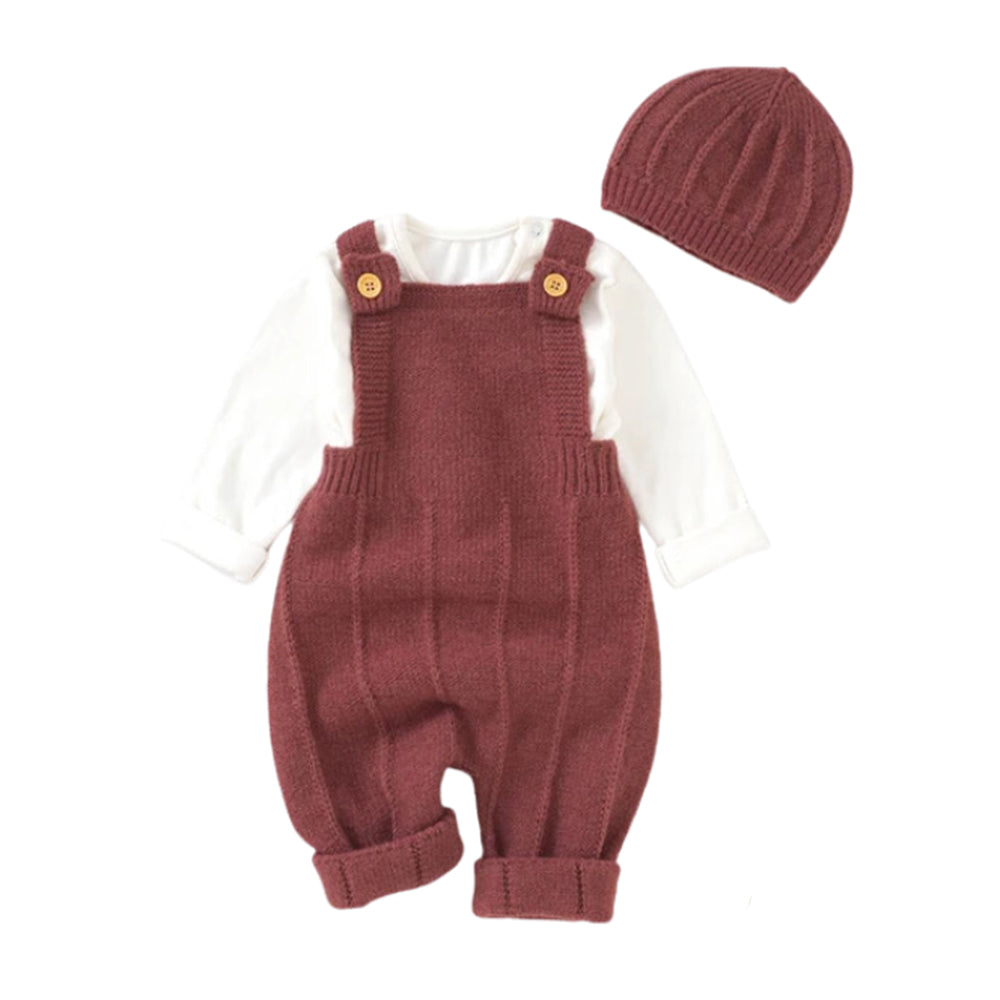 Rose Red Baby Knitted Romper with Hat in a white background
