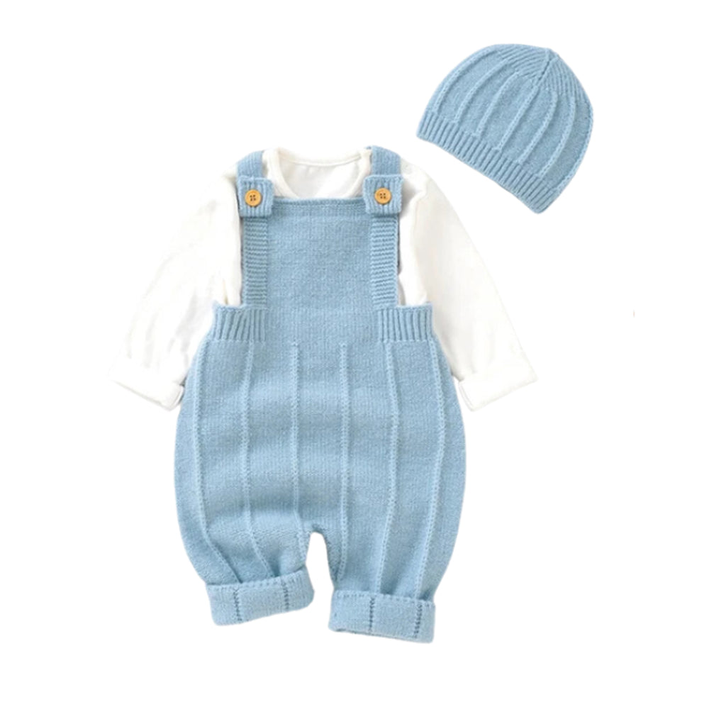 Aqua Blue Baby Knitted Romper with Hat in a white background