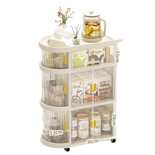 White 4 Layer Baby Storage Rack Folding Trolley With Dimensions In A White Background