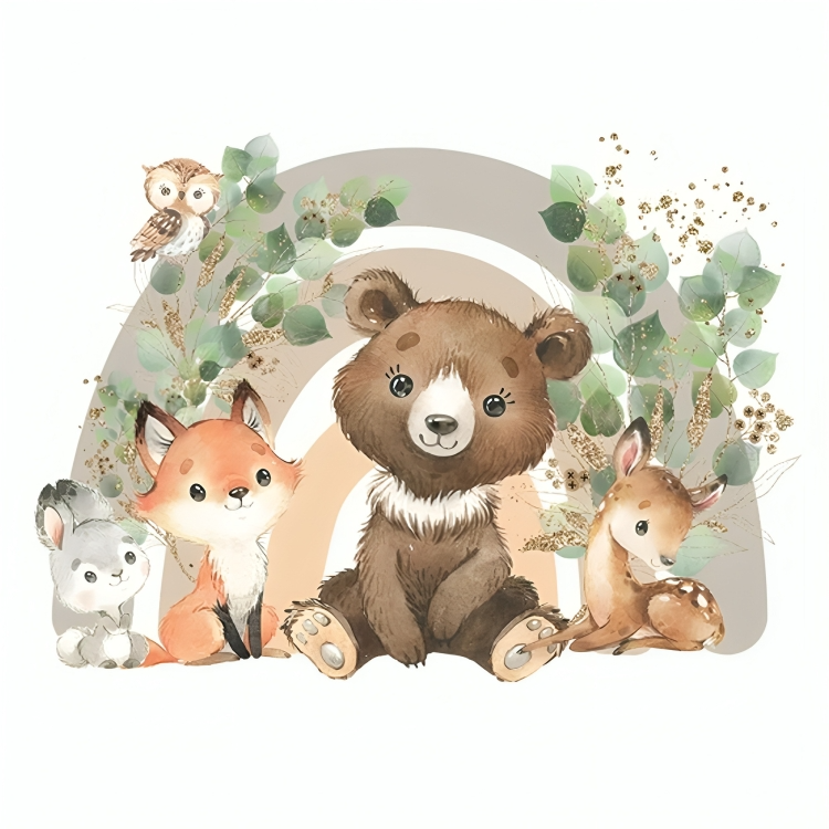 Nursery Wall Sticker With Animals: Rabbit, Fox, Bear, Deer, Owl and Rainbow And Plants Background Design In A White Background