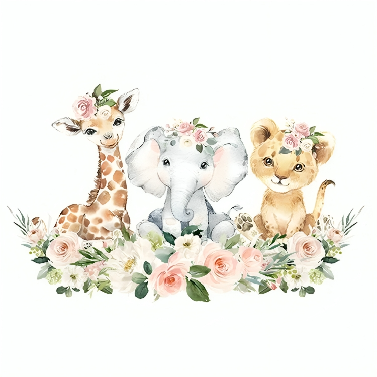 Nursery Wall Sticker With Animals: Leopard, Giraffe, And Elephant With Flowers On Their Head In A White Background