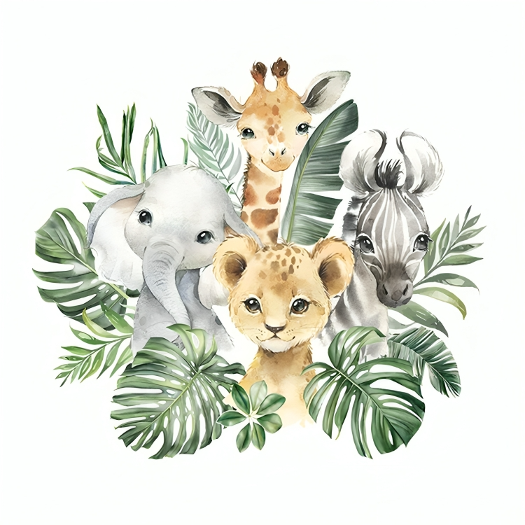 Nursery Wall Sticker With Animals: Zebra, Leopard, Giraffe, And Elephant And Plants Background Design In A White Background