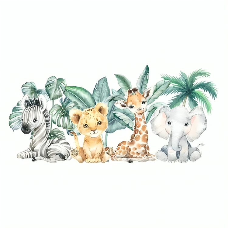 Nursery Wall Sticker With Animals: Zebra, Leopard, Giraffe, And Elephant And Plants Background Design In A White Background