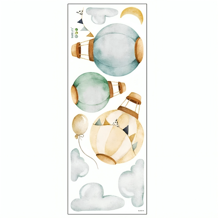 Nursery Wall Sticker With Hot Air Balloon And Clouds Design In A White Background
