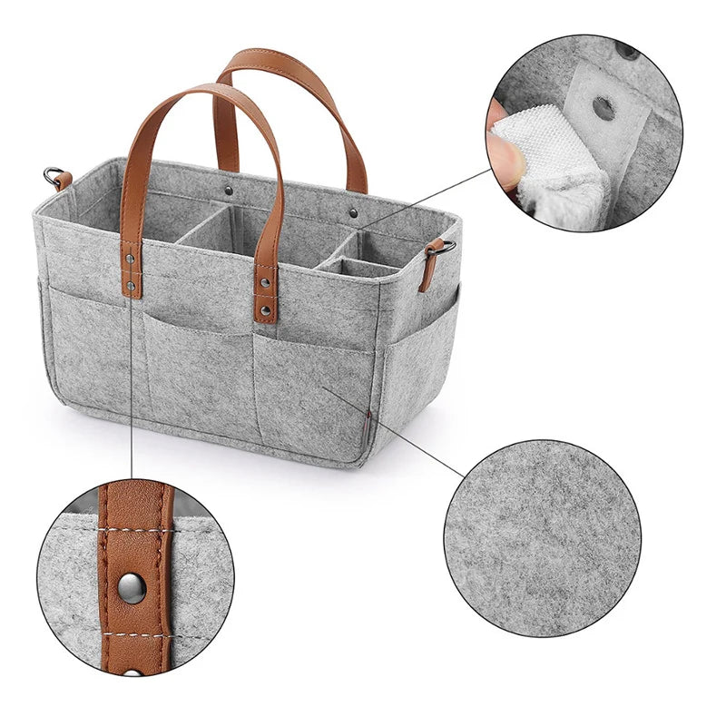 Gray Baby Felt Organizer Bag With Three Close-Up Photo Of The Handle, Fabric, And Velcro Strap In A White Background