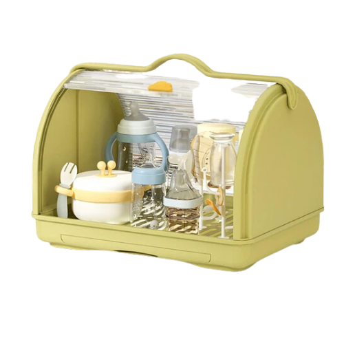 1 Layer Baby Storage Rack Containing Baby Bottles And Utensils In A White Background