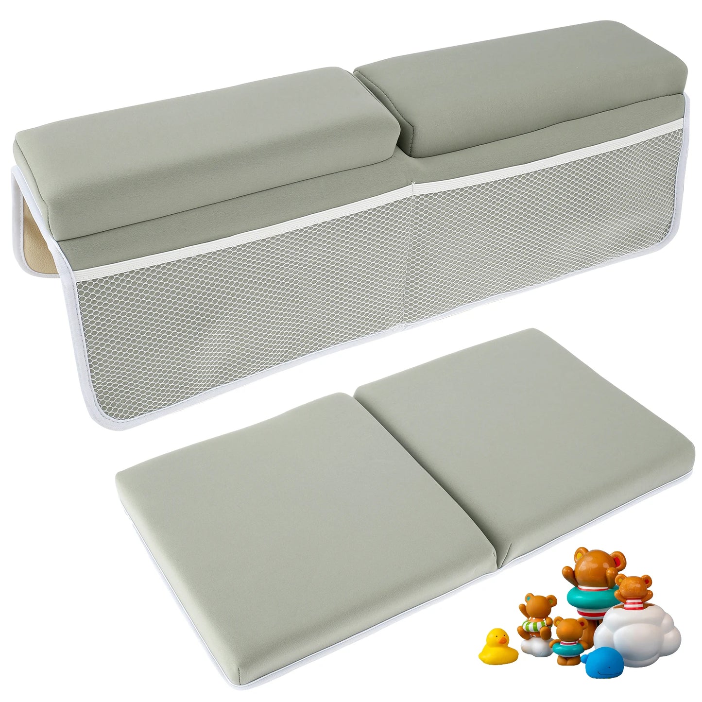 A modular baby bath station with storage, changing pad, and toys next to a child bathing.