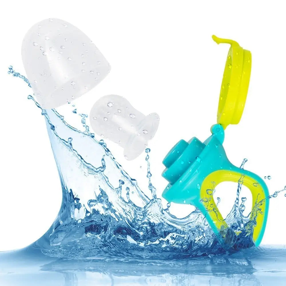 Two pacifiers splashing into water with dynamic droplets, against a white background.