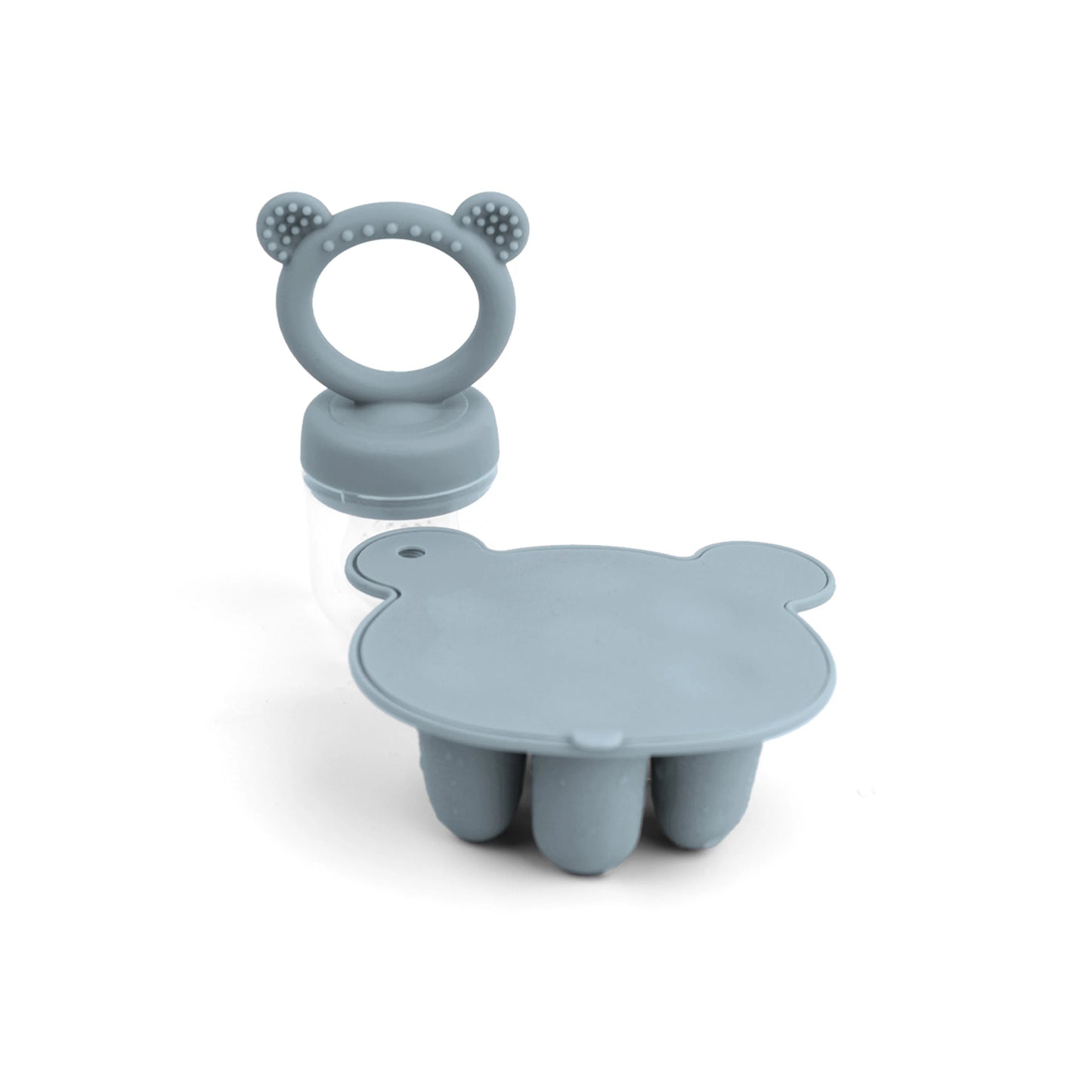 A gray, bear-shaped baby teether and lid isolated on a white background.