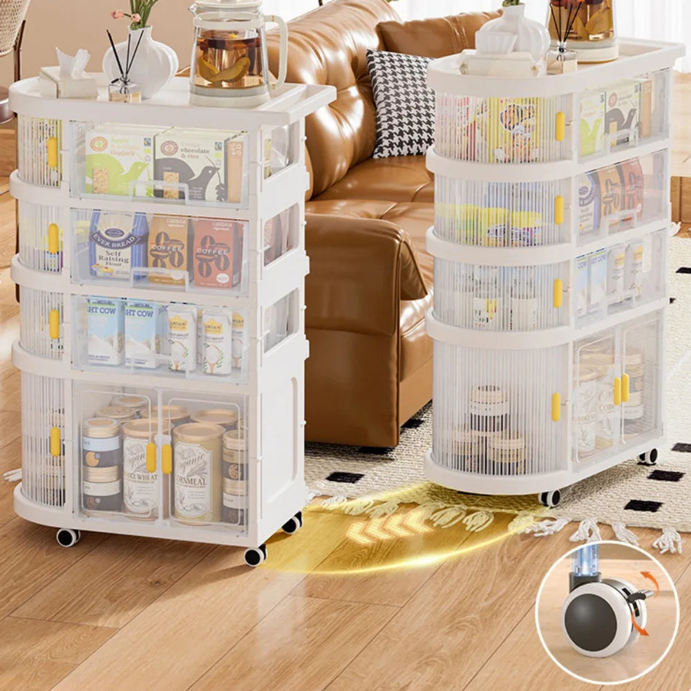 Two White 4 Layer Baby Storage Rack Folding Trolley With Food Contents In A Living Room