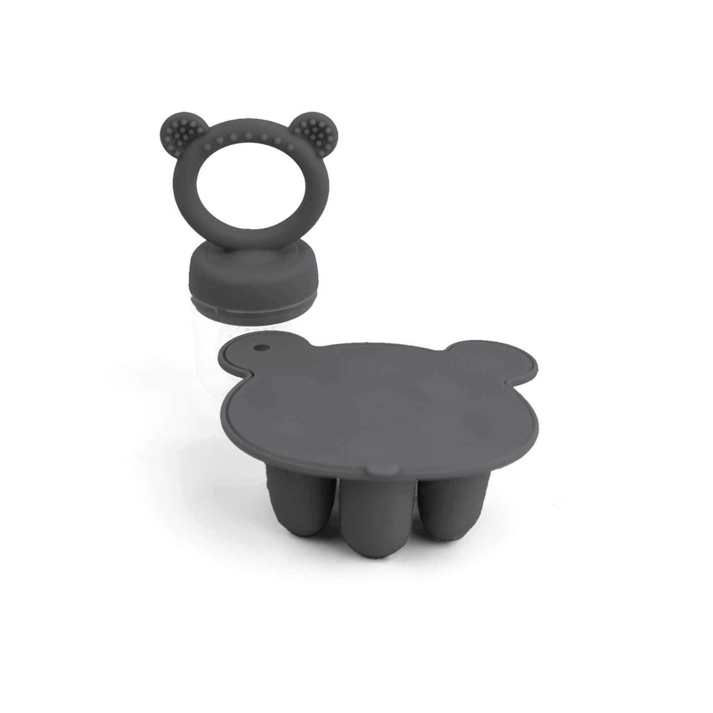 A gray, bear-shaped silicone mold with a ringed handle on a white background.