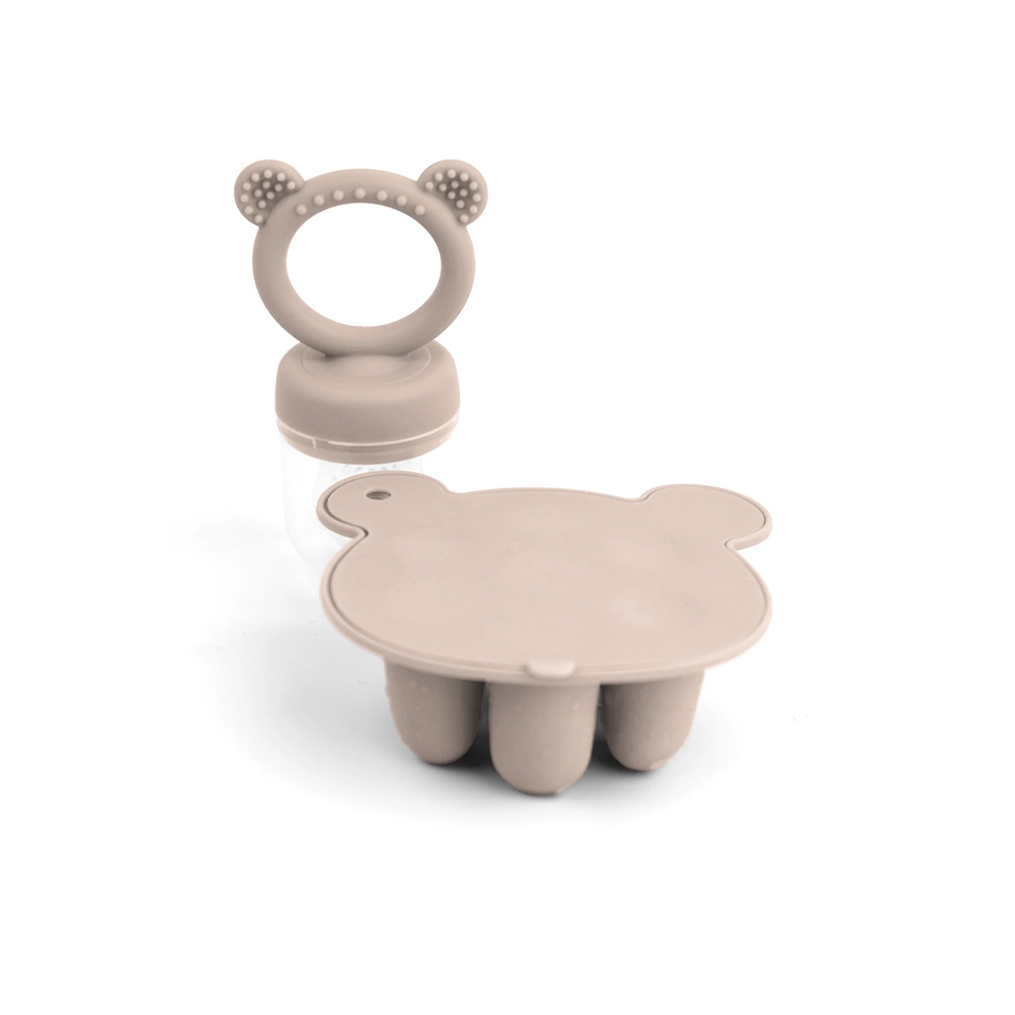 A beige baby teether shaped like a bear and a similar-colored bottle with the teether attached on top.