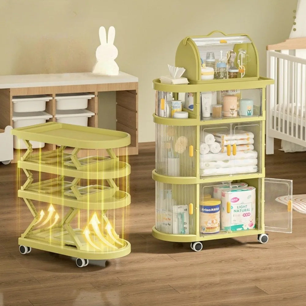An Incomplete And Completely Assembled Representation Of Green 4 Layer Baby Storage Rack Folding Trolley