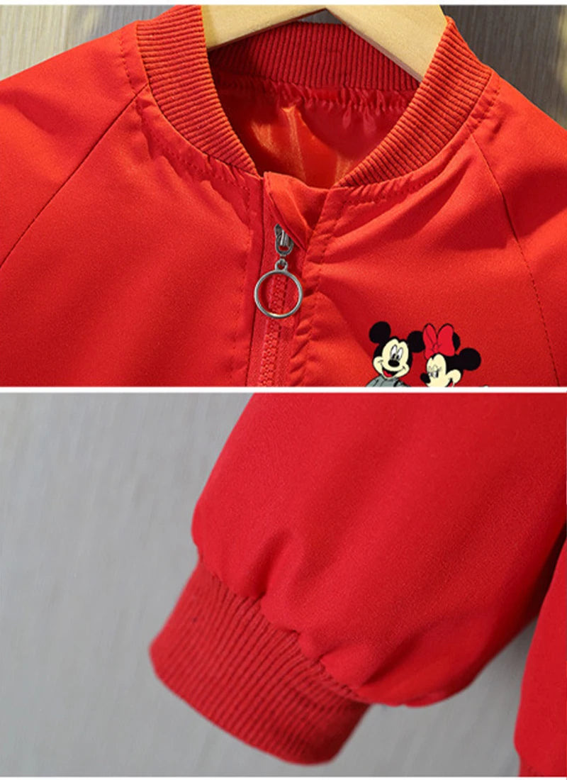 A close up picture of Red Mickey Mouse Design Printed Toddler Bomber Jacket's Collar and Cuffs