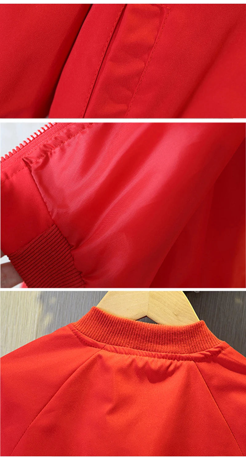 A close up picture of Red Mickey Mouse Design Printed Toddler Bomber Jacket's Back Collar, Side Pocket, and Hem