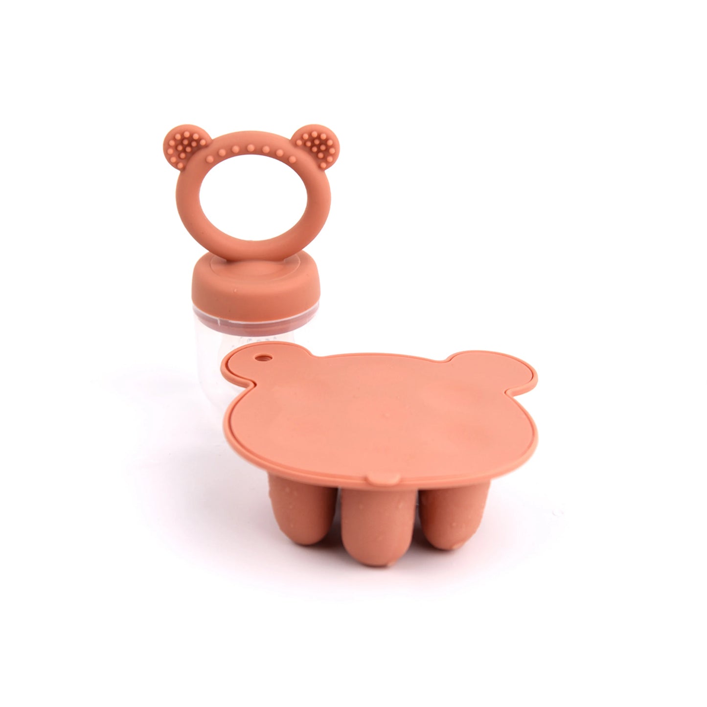 A silicone baby teether and pacifier case shaped like a bear on a white background.