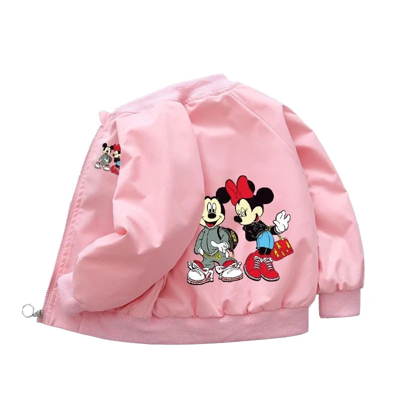 Pink Mickey Mouse Design Printed Toddler Bomber Jacket Facing the Back in a white background