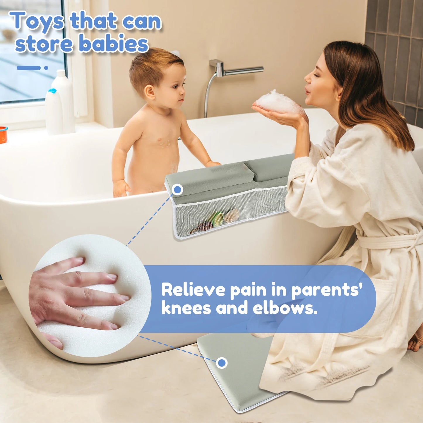 Ad for bath kneeler and elbow rest with text overlays about pain relief and toy storage.