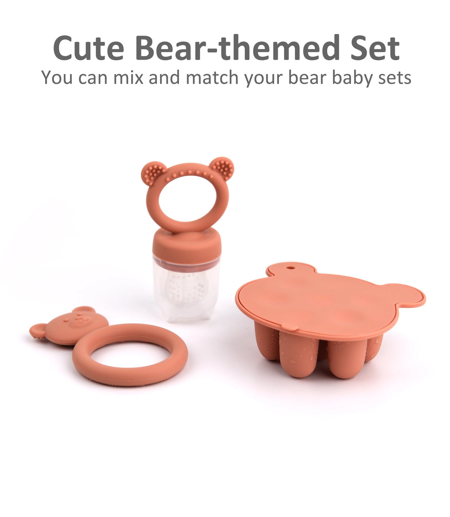 Bear-themed baby items including a teether, a cup, and a plate, on a white background.