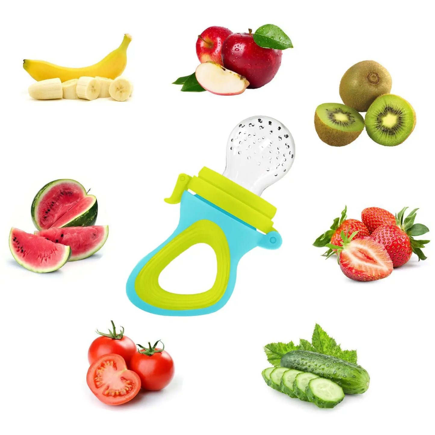 Assorted fruits and vegetables around a baby's teething feeder on a white background.