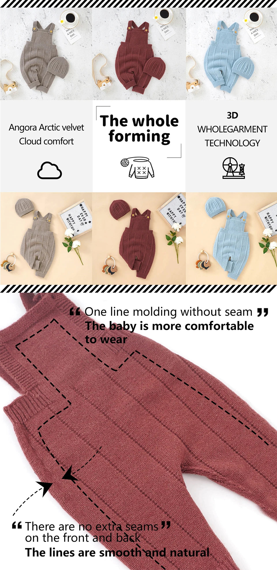 A photo divided into two sections with upper part being a collage of Baby Knitted Romper of different color and text highlighting their features and the bottom part explaining the seam details of the romper