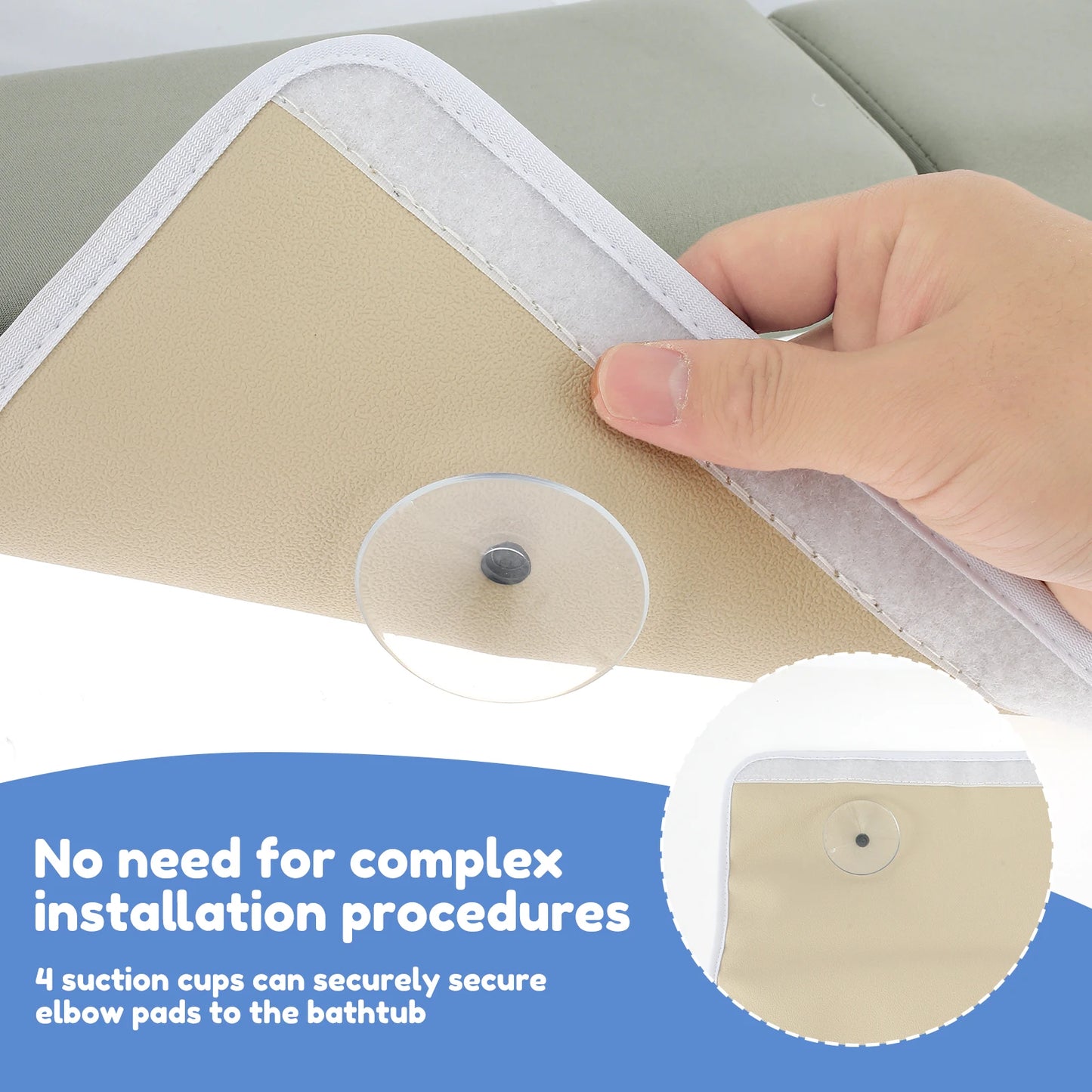 Beige bathtub elbow pads with suction cups, text overlay highlighting easy installation.