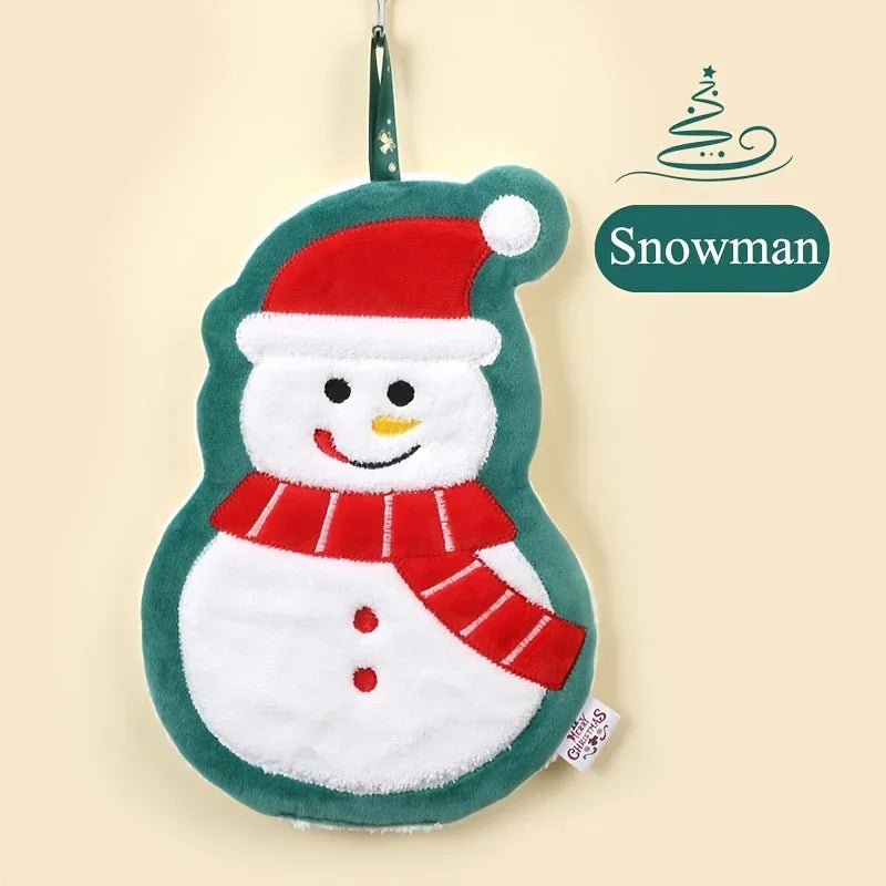 Snowman With Red Scarf And Hat And Green Outline Design Christmas Hanging Towel With Text "Snowman" In A Nude Color Background
